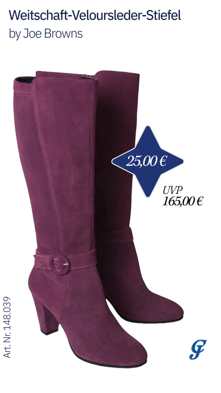 Paar weinrote Weitschaft-Veloursleder-Stiefel mit Absatz von Joe Browns