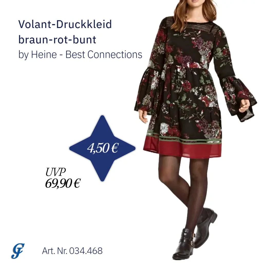 Braun-rot-buntes Volant-Druckkleid von Heine – Mode Großhandel Restposten