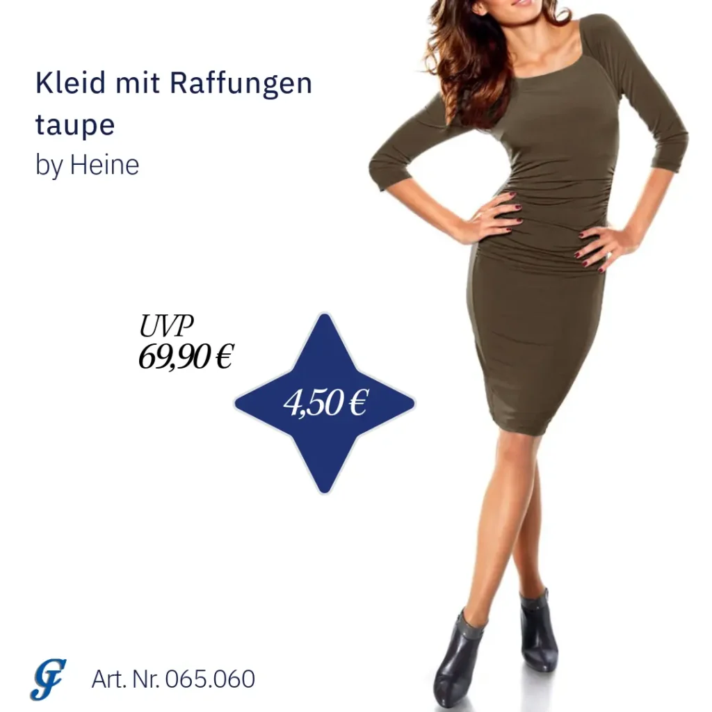 Taupefarbenes Kleid mit Raffungen von Heine – günstiger Restposten im Großhandel