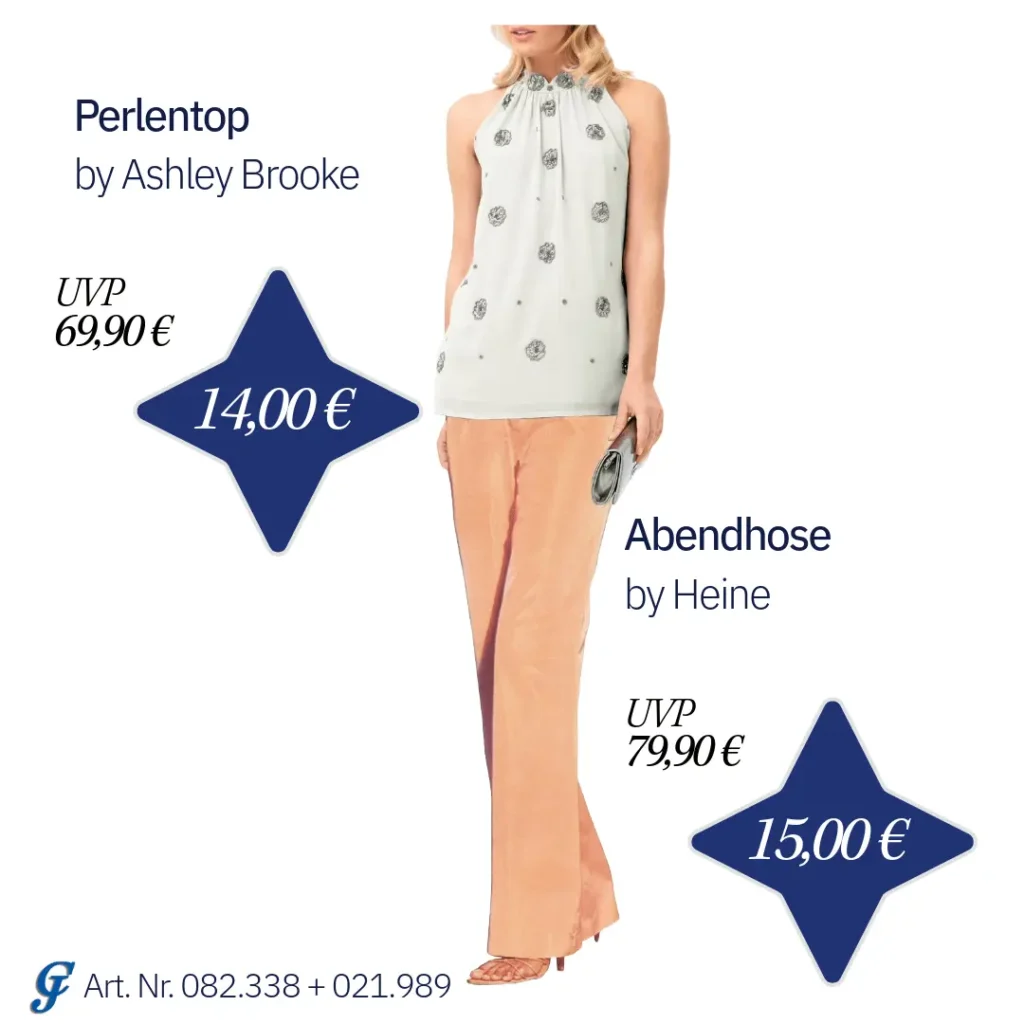 Designer-Pailletten-Blusentop in Offwhite von Ashley Brooke mit Perlen-Stickerei und Changeant-Abend-Hose in Apricot von Heine mit zartem Glanz.