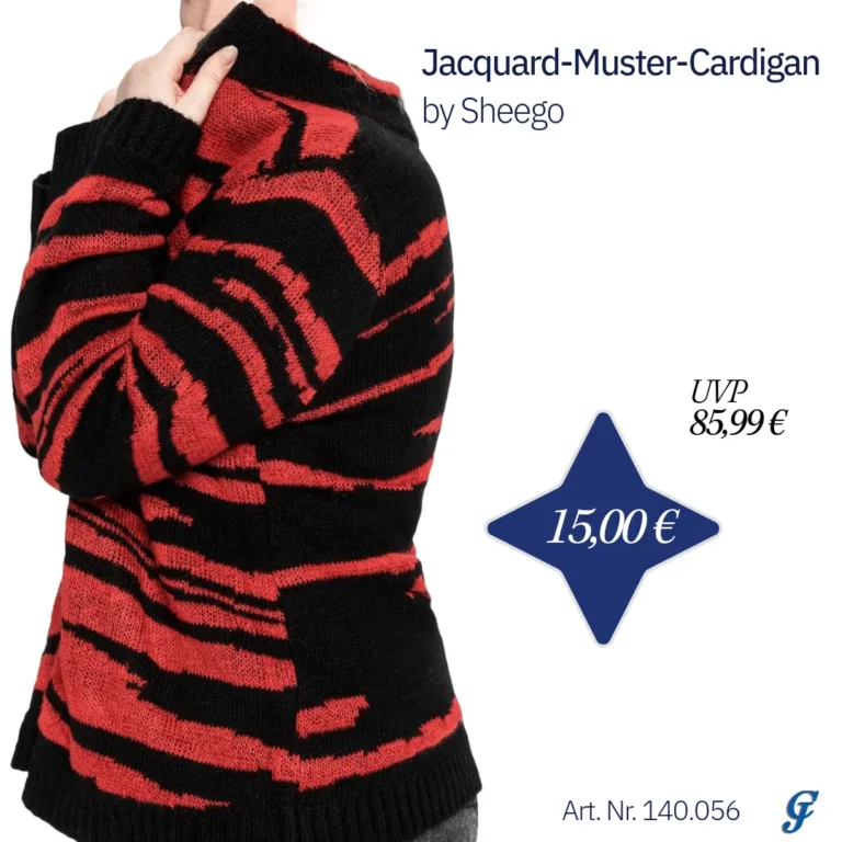 Jacquard-Muster-Cardigan in Schwarz und Rot von Sheego, aus weicher Strickqualität, mit auffälligem Muster und hohem Tragekomfort.