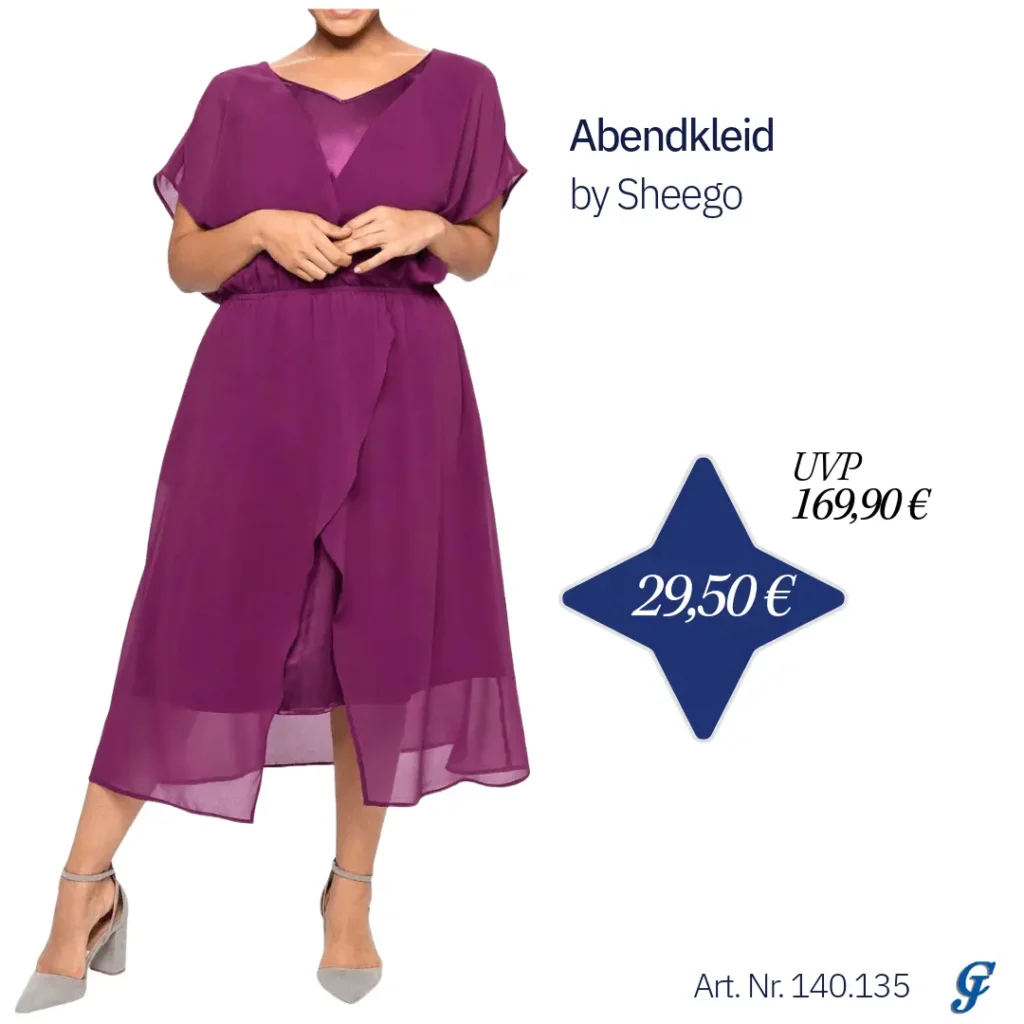 Fliederfarbenes Abendkleid von Sheego mit fließendem Chiffonstoff, kurzen Ärmeln und schmeichelnder Passform