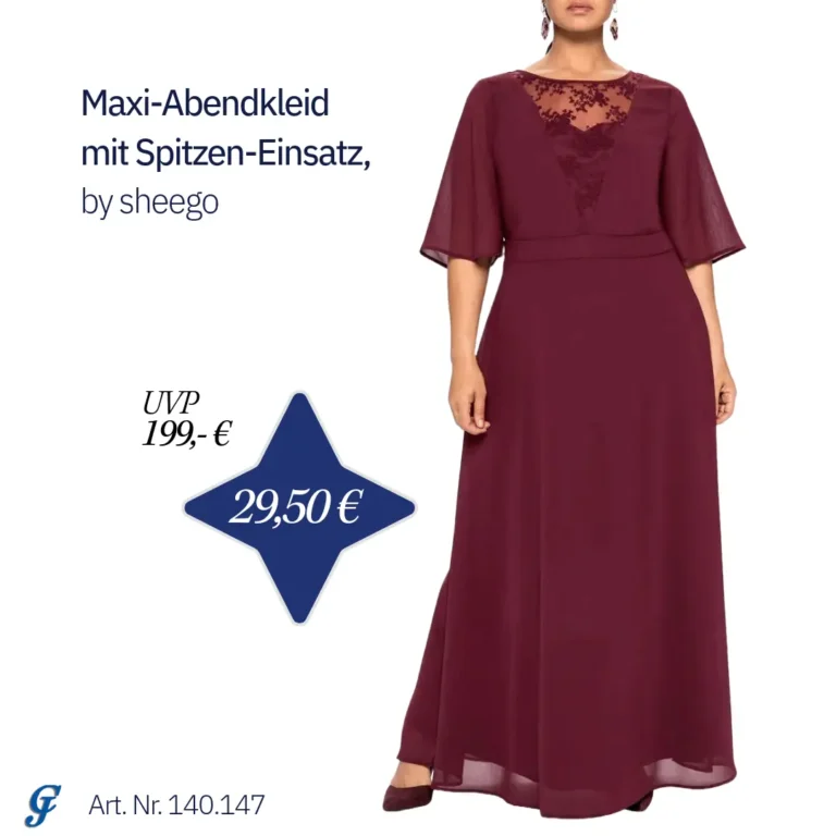 Bordeauxfarbenes Maxi-Abendkleid mit Spitzen-Einsatz von Sheego, reduziert von 199 € auf 29,50 €