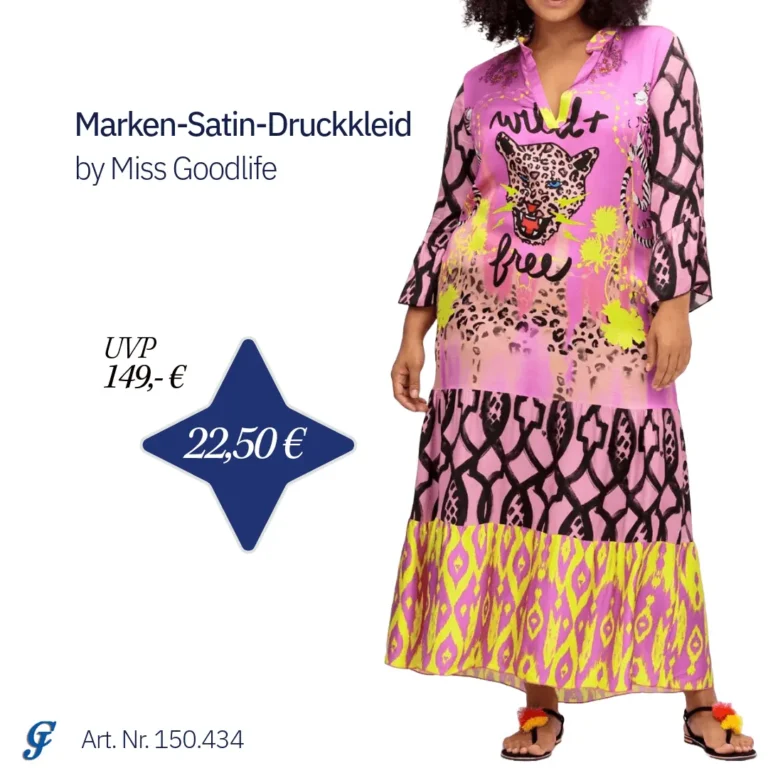 Marken-Satin-Druckkleid von Miss Goodlife in leuchtenden Farben, mit auffälligem Leopardenmuster und Schriftzug, ideal für sommerliche Outfits.