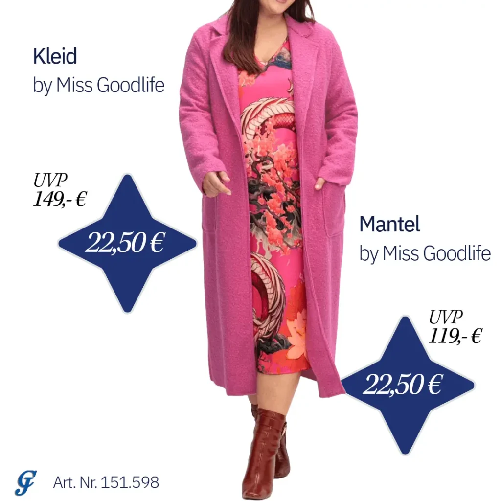 Model in pinkfarbenem Kleid und Mantel von Miss Goodlife mit reduziertem Preis von 22,50 €