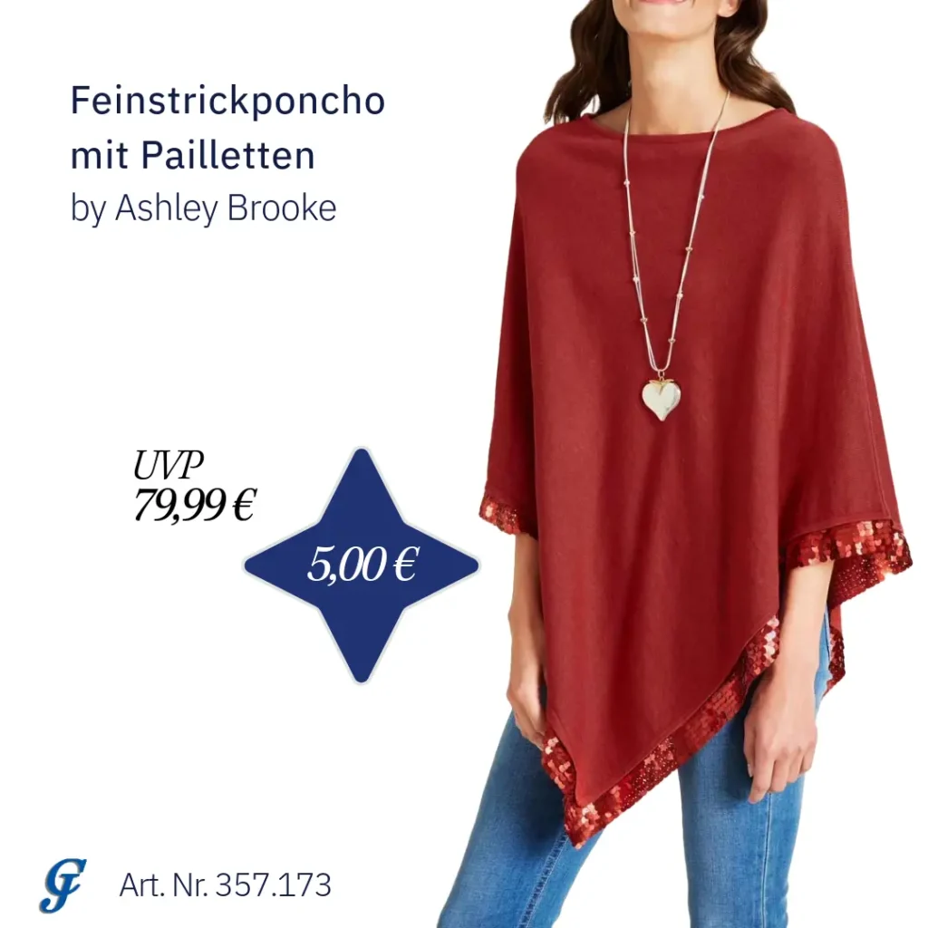 Kastanienfarbener Designer-Feinstrickponcho mit Pailletten von Ashley Brooke – Schnäppchen im Mode Großhandel