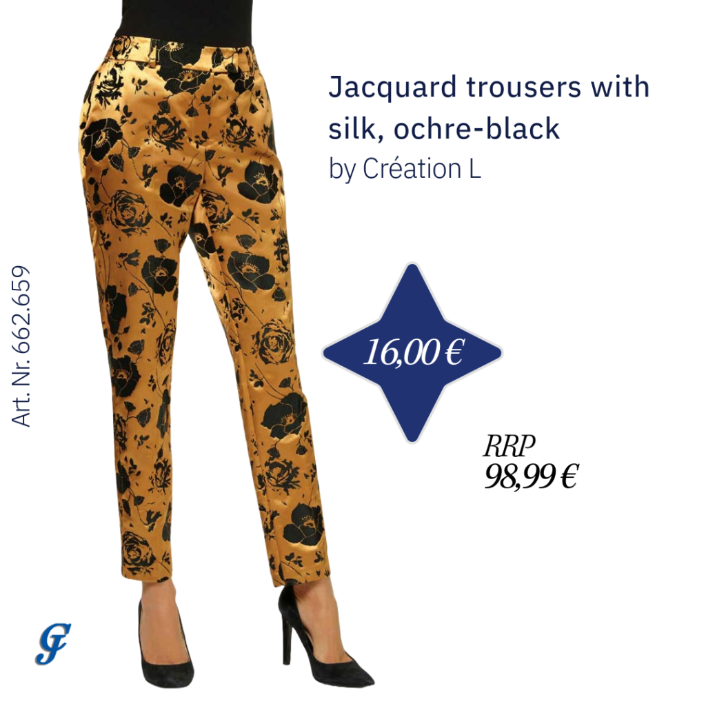 Ochre-black jacquard trousers with silk by Création L – Elegant evening wear for wholesale buyers