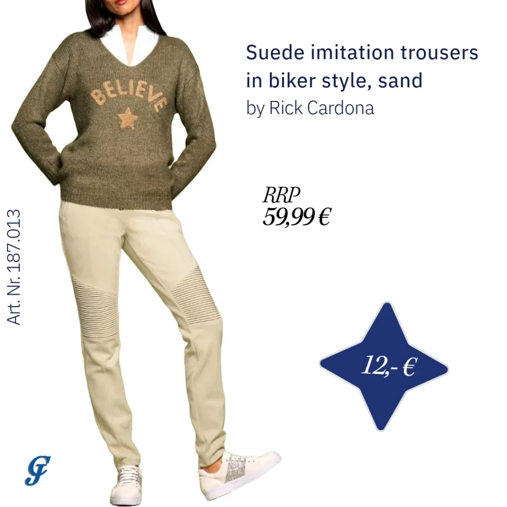 Sand suede imitation trousers in biker style by Rick Cardona – Trendy pants for retailers