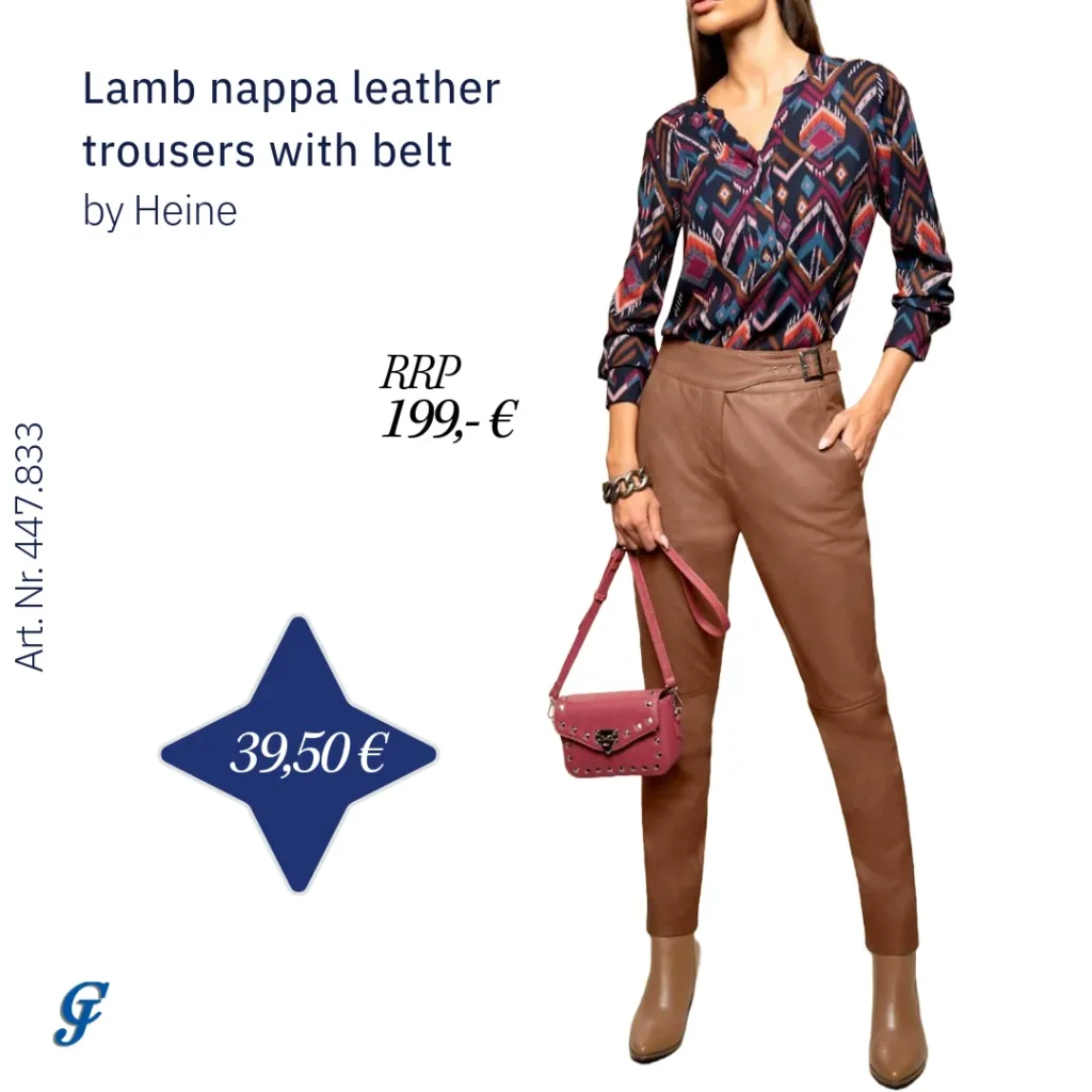 Cognac lamb nappa leather trousers with belt by Heine – Stylish women's pants for wholesale buyers