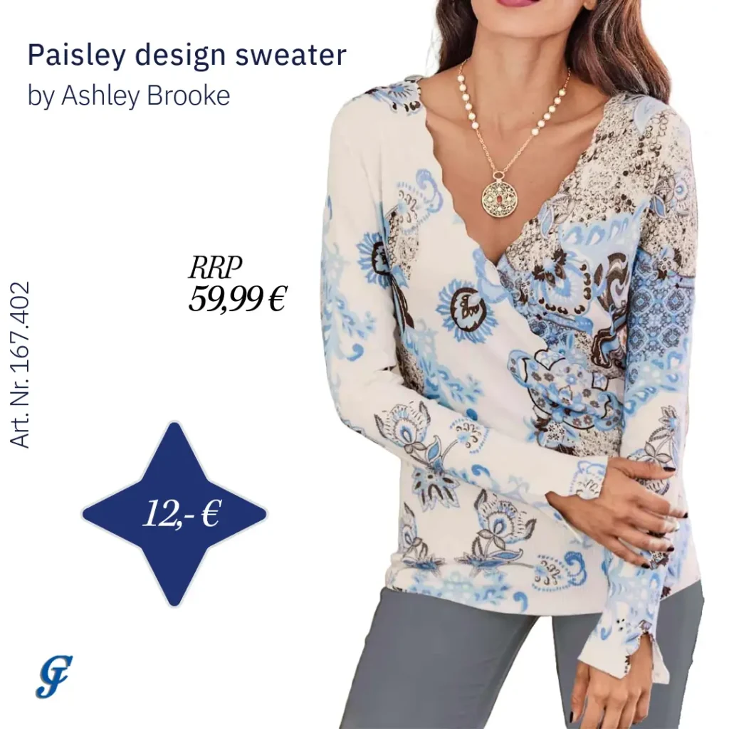 Sky blue-ecru paisley design sweater by Ashley Brooke – Stylish wholesale knitwear for women