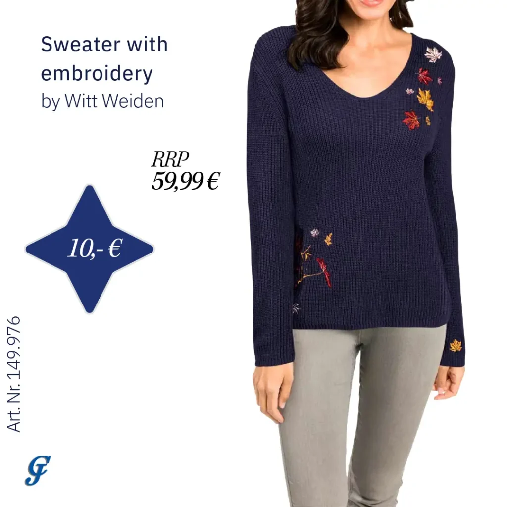 Night bluesweater with embroidery by Witt Weiden – Artisan wholesale knitwear for retailers