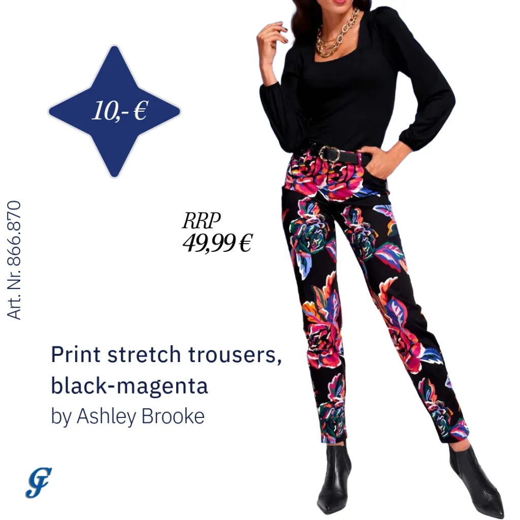 Black-magenta print stretch trousers by Ashley Brooke – Unique pants for wholesale buyers