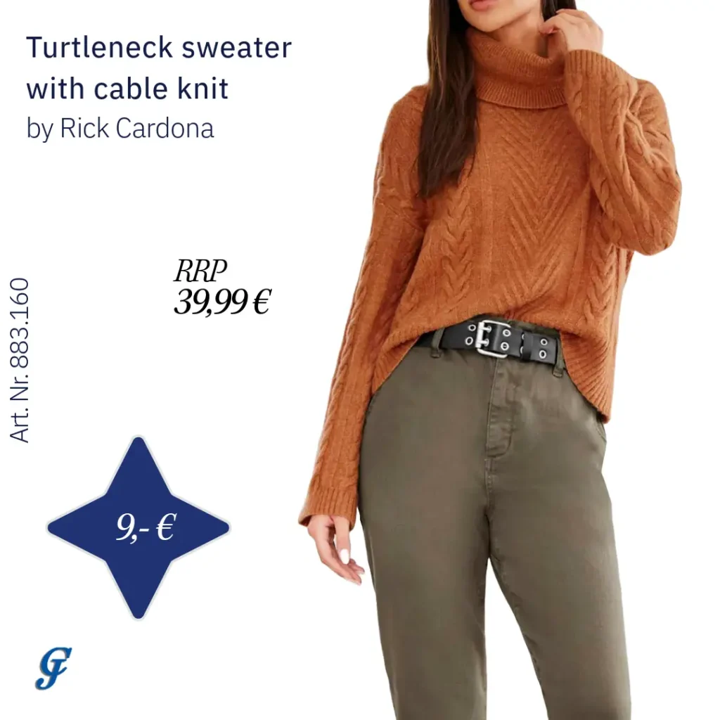 Papaya turtleneck sweater with cable knit by Rick Cardona – Warm knitwear for wholesale buyers