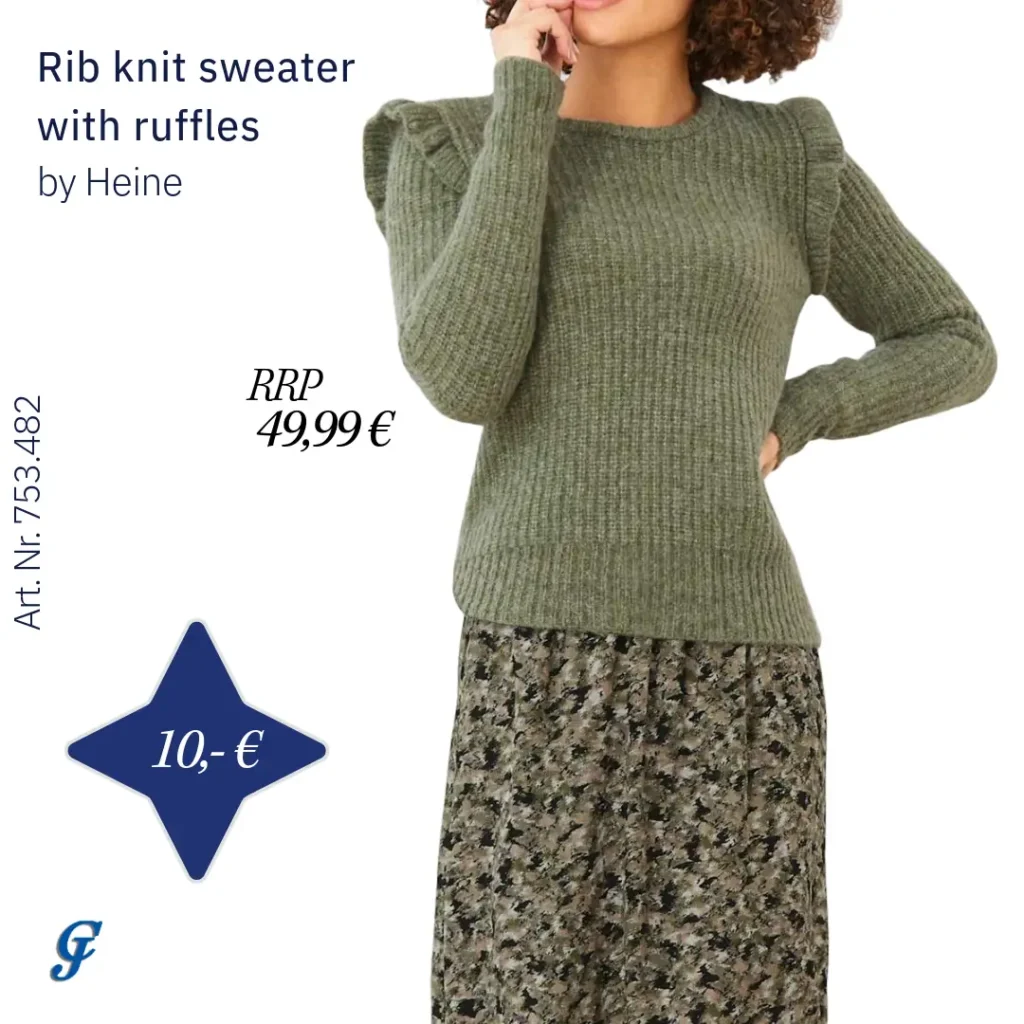 Khaki rib knit sweater with ruffles by Heine – Trendy women's wholesale knitwear