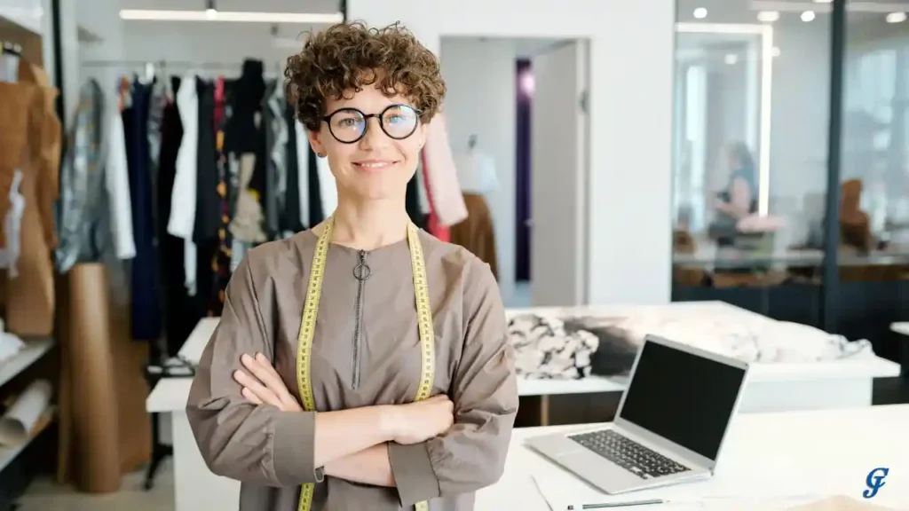 Business partner in front of a clothing rack at a fashion retail store