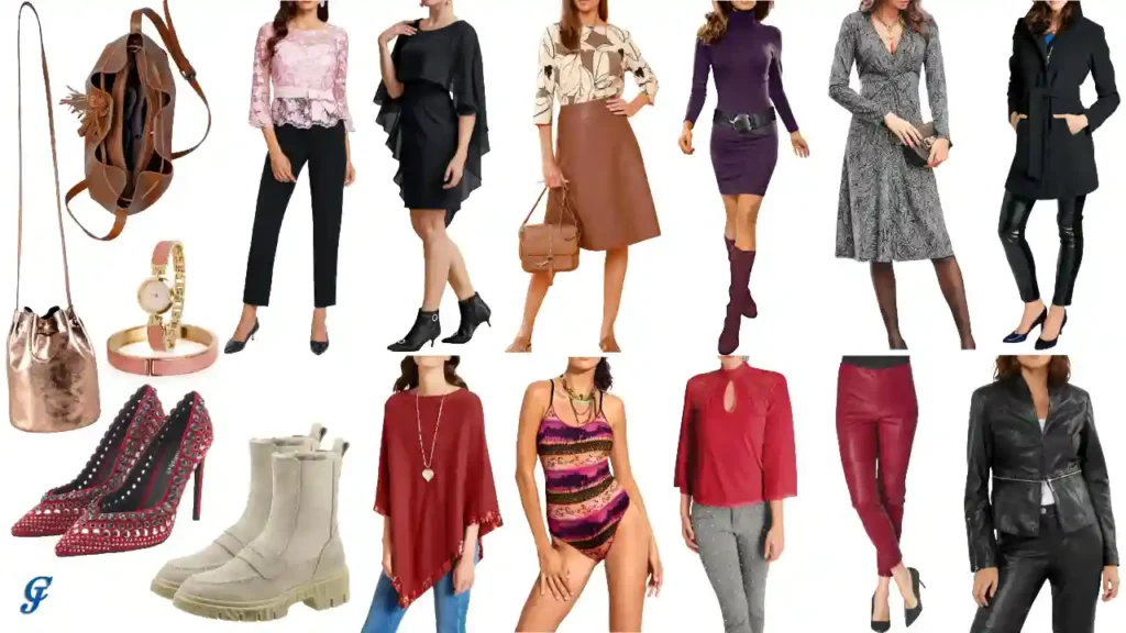 Collage of women’s fashion items, including dresses, blazers, and accessories from a wholesale collection