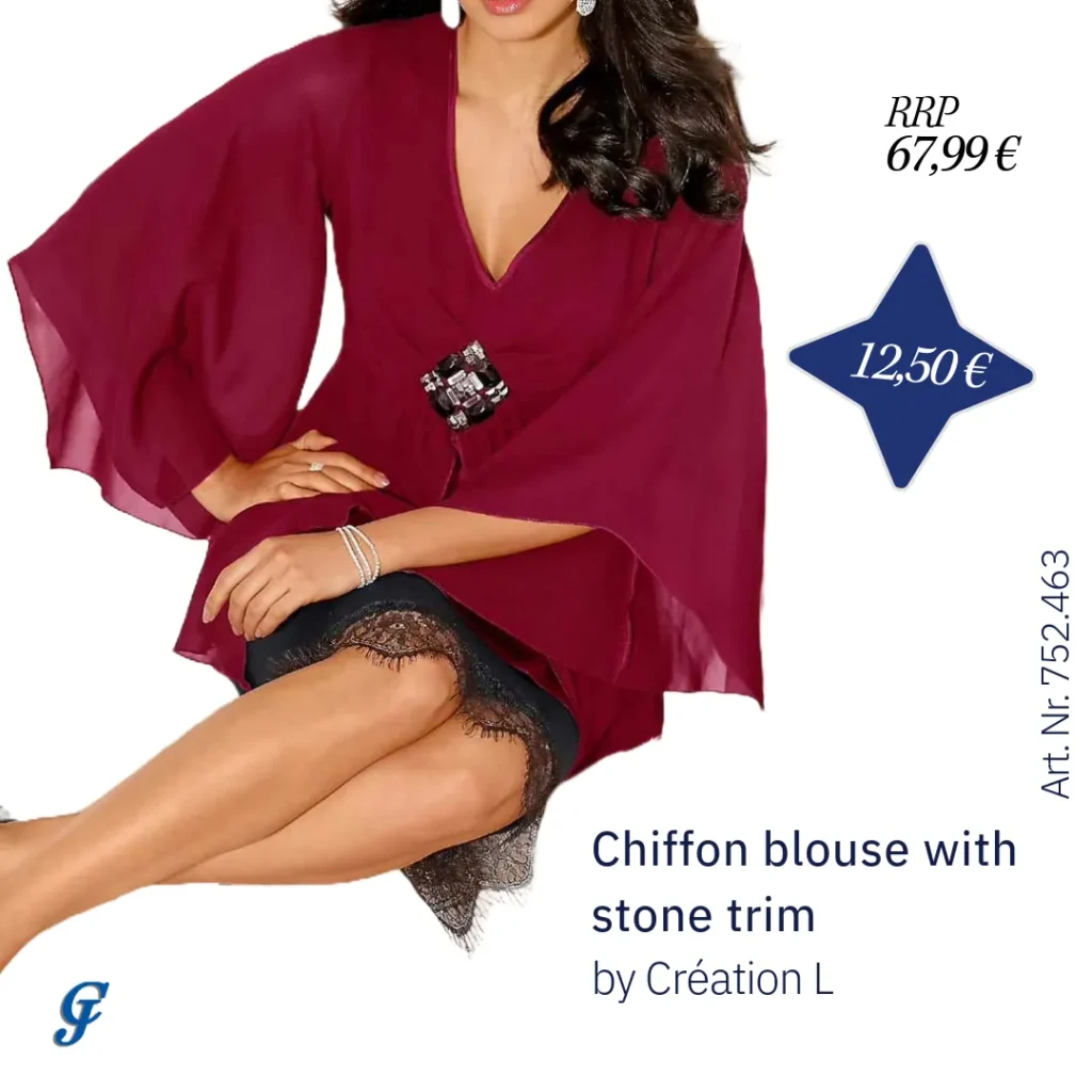 Dark red chiffon blouse with stone trim by Création L – Wholesale blouses and tunics