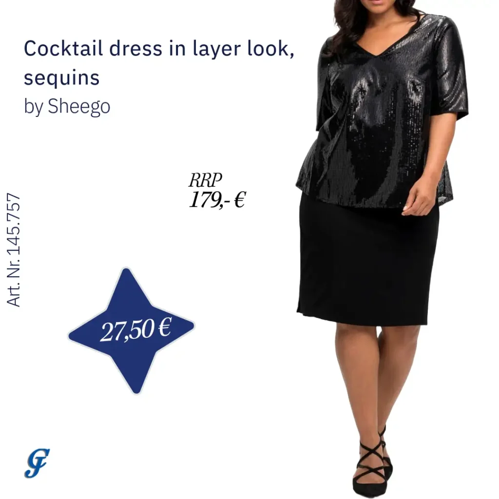 Black cocktail dress with sequins in a layered look by Sheego – Plus size fashion for B2B retailers