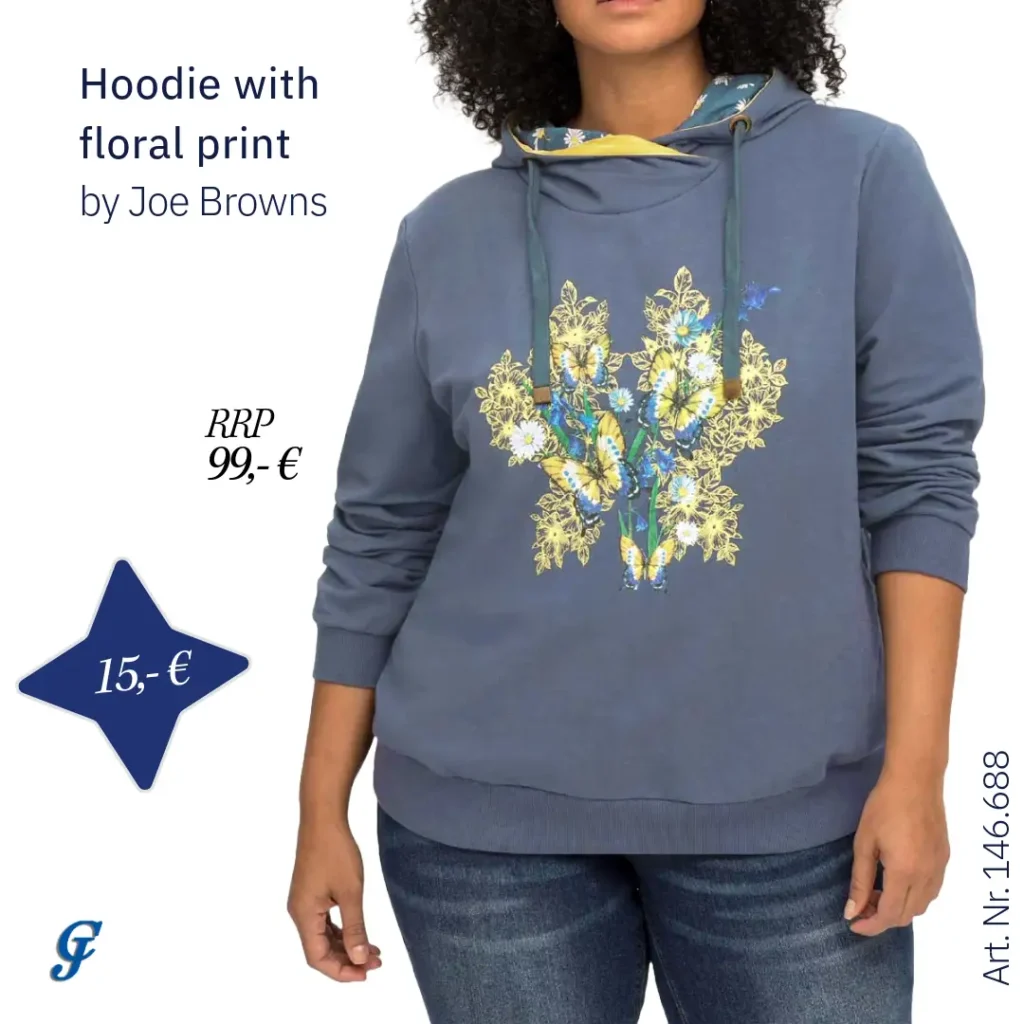 Indigo hoodie with floral print by Joe Browns – Curvy fashion for wholesale buyers