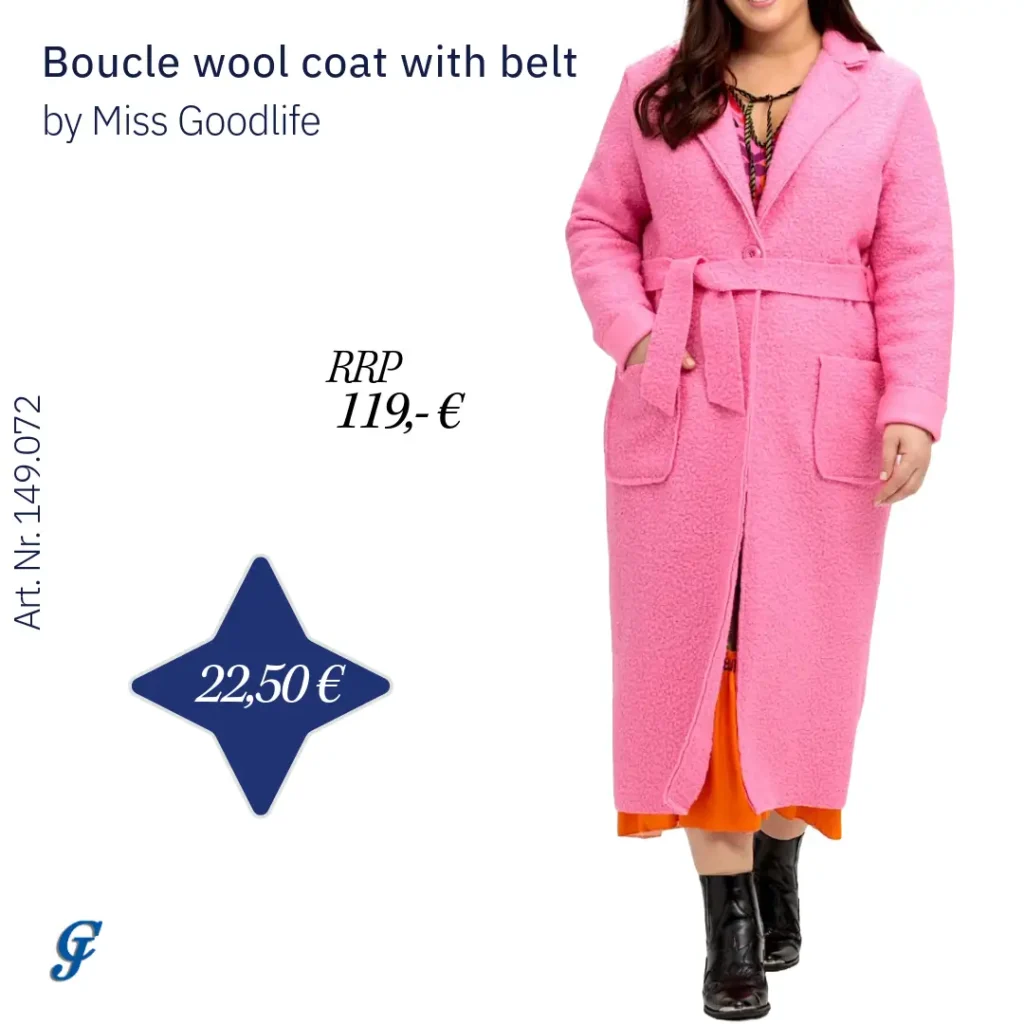 Pink bouclé wool coat with belt by Miss Goodlife – Wholesale curvy fashion for stylish retailers