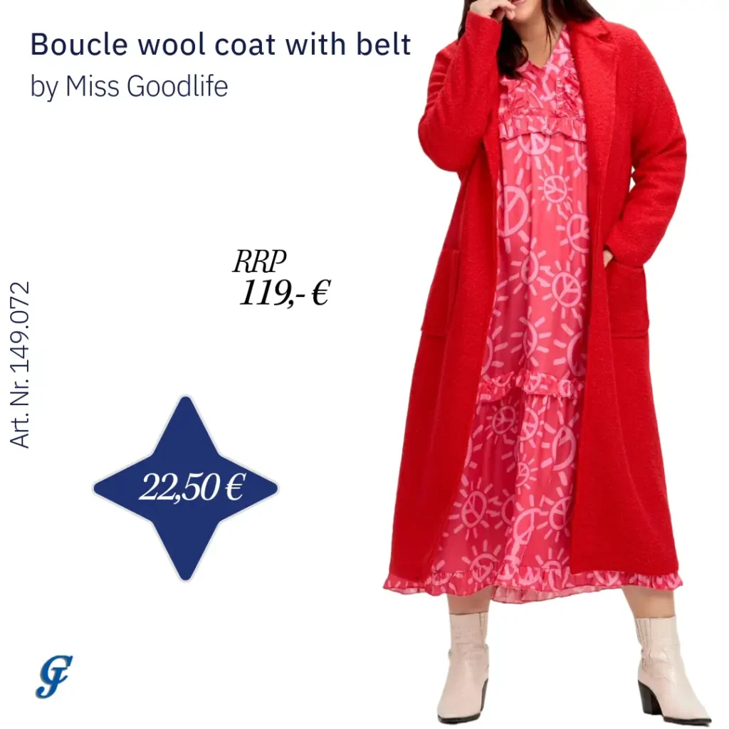 Red bouclé wool coat with belt by Miss Goodlife – Wholesale curvy fashion for stylish retailers