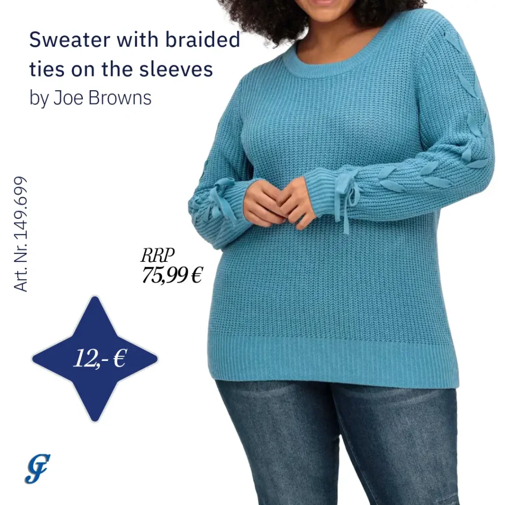 Blue sweater with braided ties on the sleeves by Joe Browns – Plus size fashion wholesale