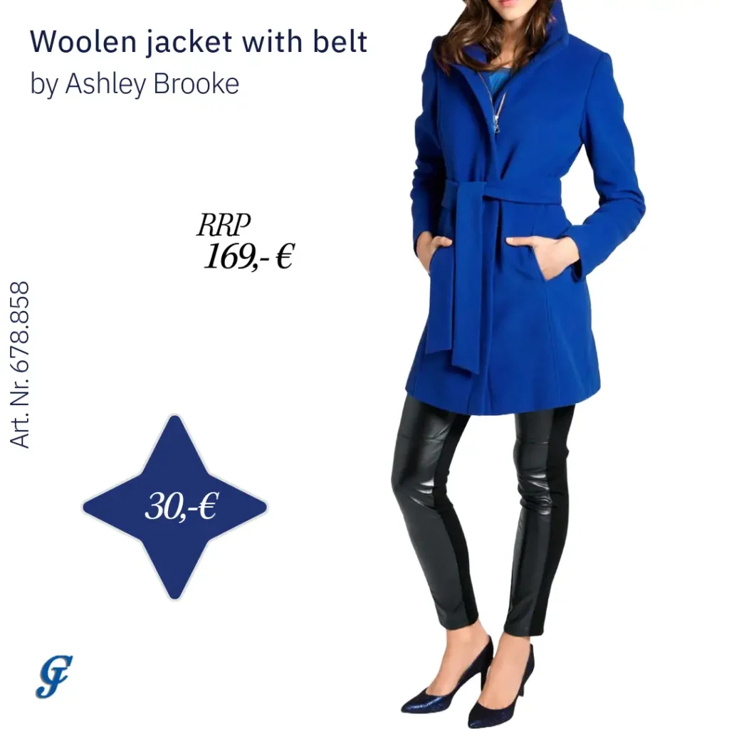 Royal blue woolen jacket with belt by Ashley Brooke – Wholesale fashion for stylish retailers