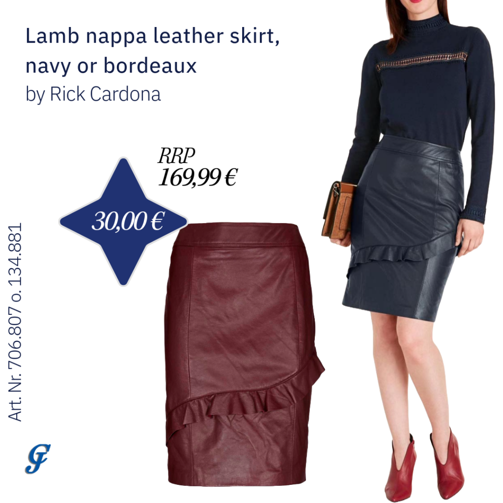 Navy or bordeaux lamb nappa leather skirt by Rick Cardona – Elegant wholesale leather clothing for women