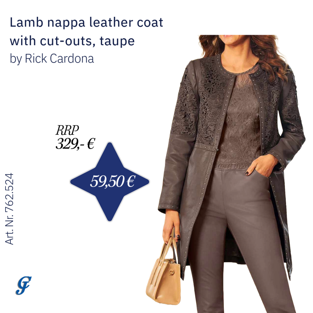 Taupe lamb nappa leather coat with cut-outs by Rick Cardona – Unique leather wear for wholesale buyers