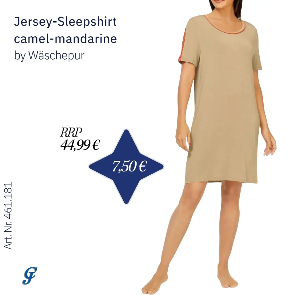 Camel-mandarine jersey sleep shirt by Wäschepur – Comfortable wholesale women's nightwear