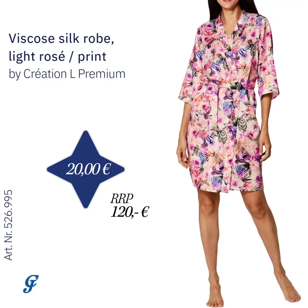 Light rosé viscose silk robe with print by Création L Premium – Luxurious wholesale women's lingerie