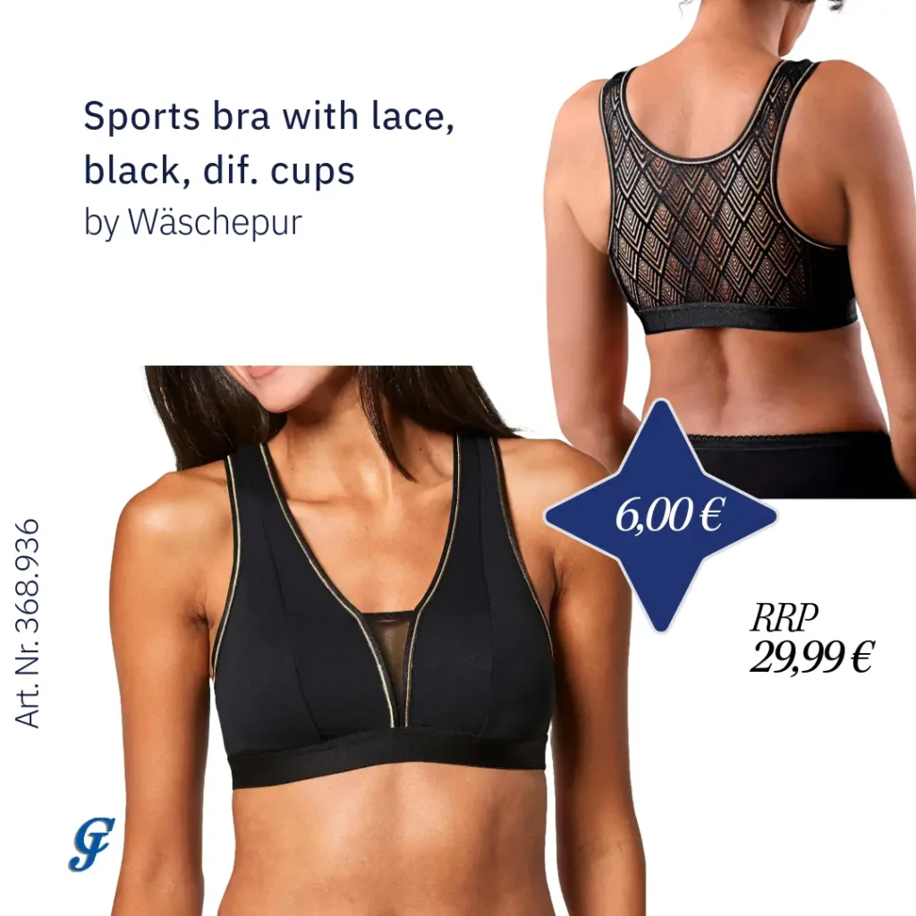 Black sports bra with lace by Wäschepur – Elegant and supportive wholesale lingerie