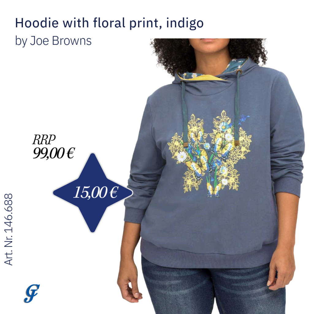 Indigo hoodie with floral print by Joe Browns – Stylish wholesale women's tops