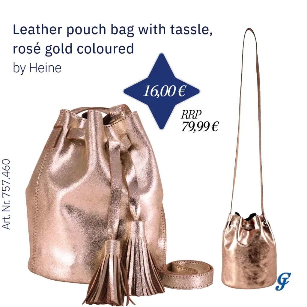 Rosé-gold leather pouch bag with tassel by Heine – Remnant fashion wholesale