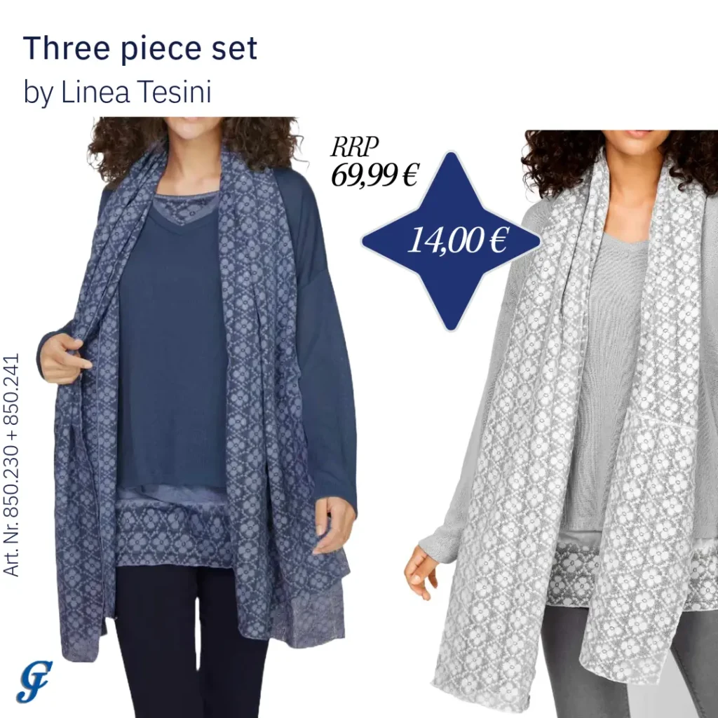 Smoky blue three-piece set by Linea Tesini – B2B fashion wholesale and remnant fashion