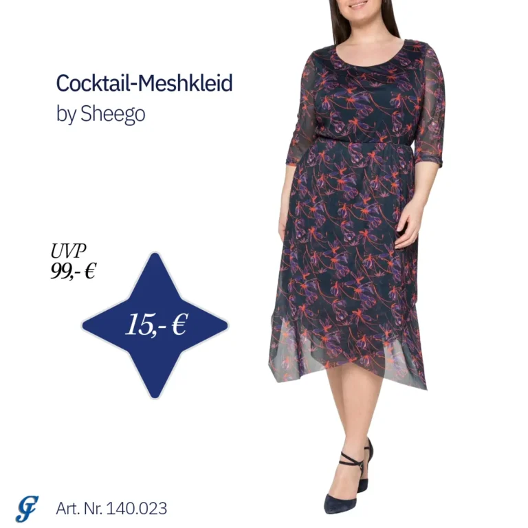 Cocktail-Meshkleid nachtblau bedruckt mit floralem Alloverdruck, 3/4-Ärmeln und Schlüssellochausschnitt