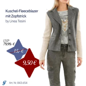 Kuschel-Fleeceblazer mit Zopfstrick-Ärmeln in Grau-Champagner