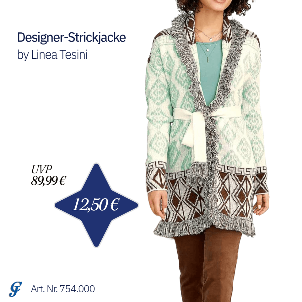 Designer-Strickjacke in Braun, Kalkmint und Ecru von Linea Tesini, getragen von Model in modernem Look.