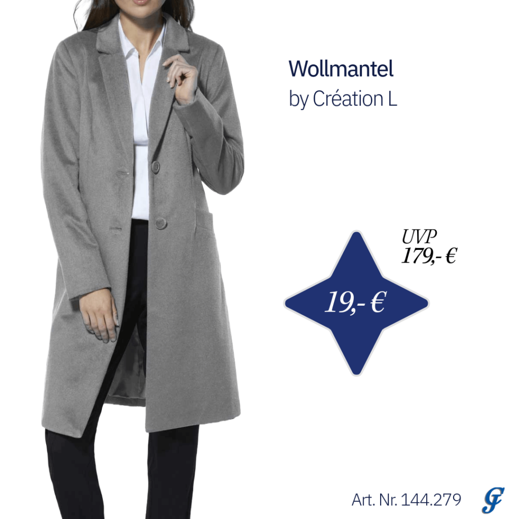 Grauer Wollmantel von Création L, elegant und warm, ideal für die Wintermonate.