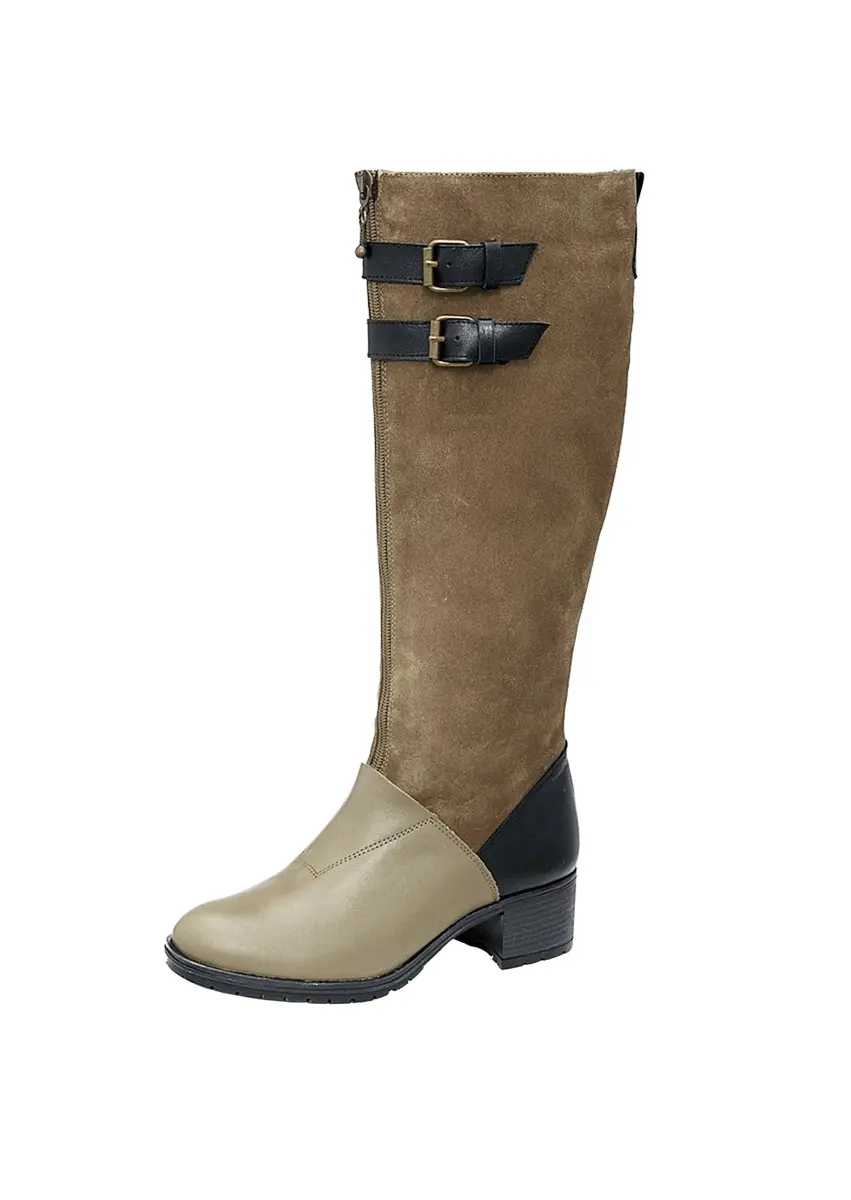 Hellbraune-beige Lederstiefel mit Patchwork-Look, Schnallen, und niedrigem Blockabsatz