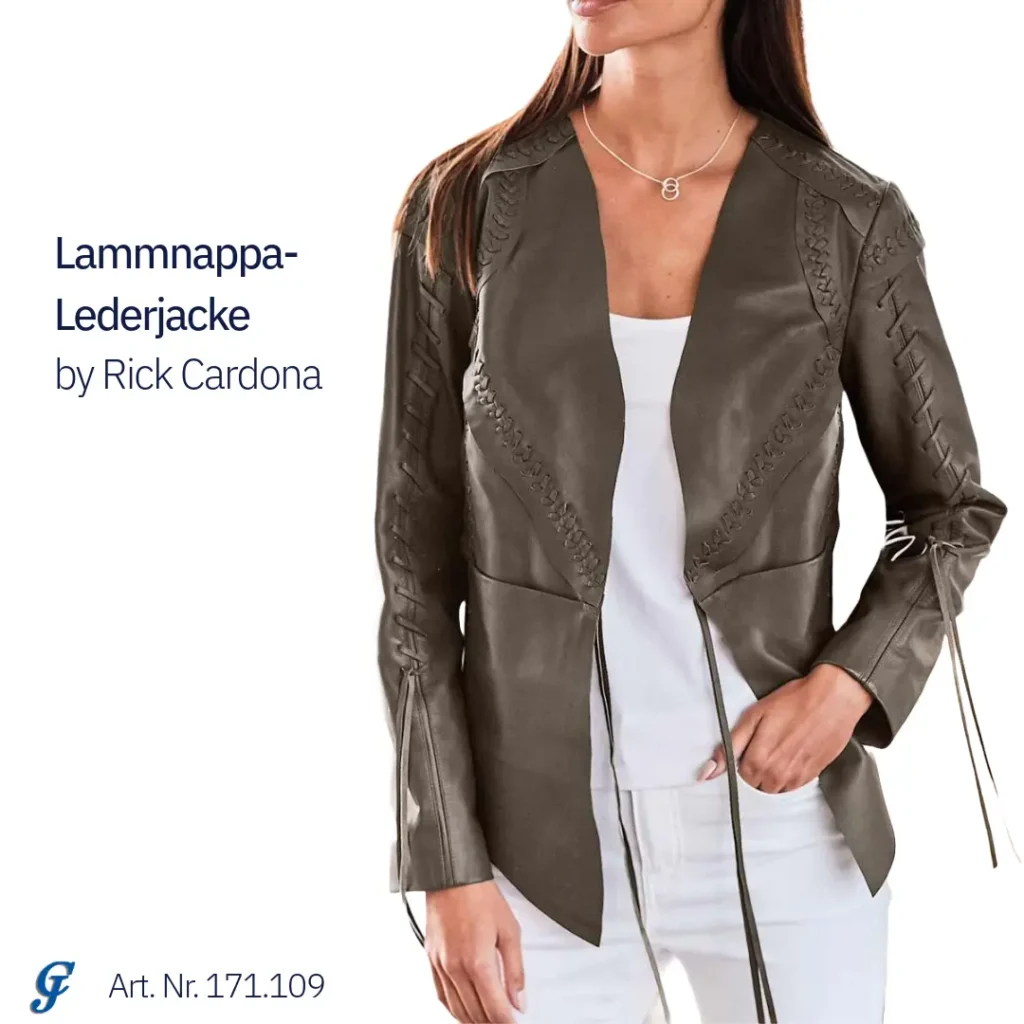 Lammnappa-Lederjacke von Rick Cardona in der Trendfarbe Mocha Mousse, hochwertige Damenmode im Großhandel kaufen.