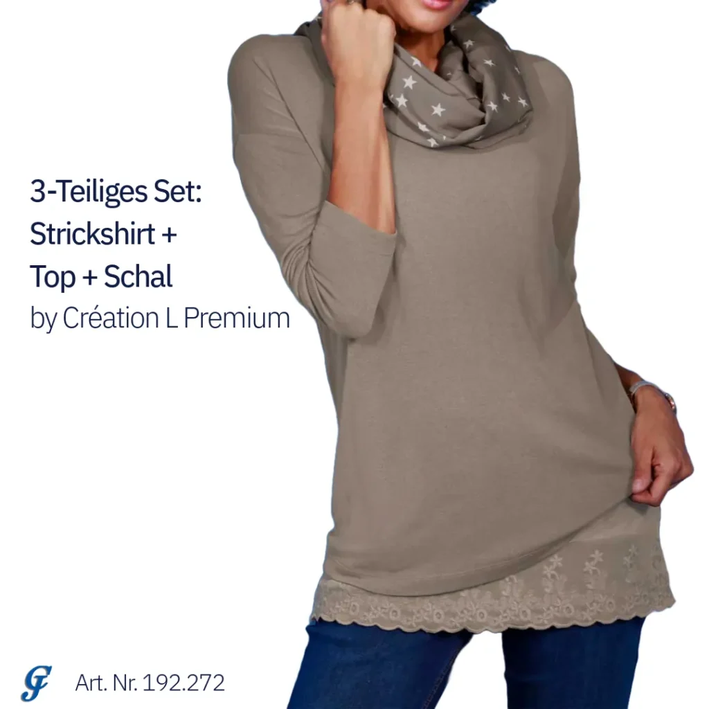 3-teiliges Set aus Strickshirt, Top und Schal von Création L Premium in Mocha Mousse, ideal im Großhandel kaufen.