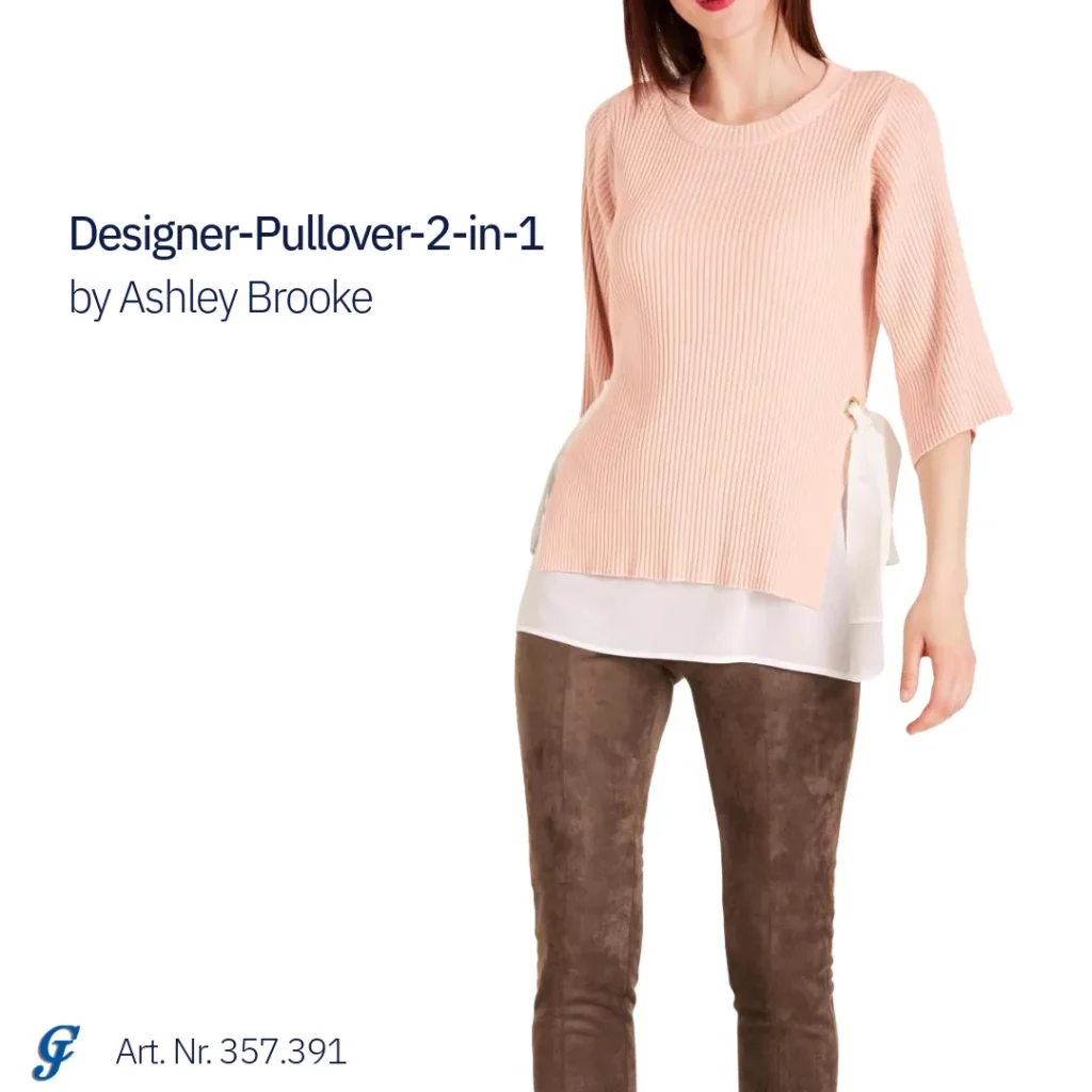 Designer-Pullover 2-in-1 von Ashley Brooke in der Trendfarbe Puderrosa, vielseitiger und stilvoller Look.