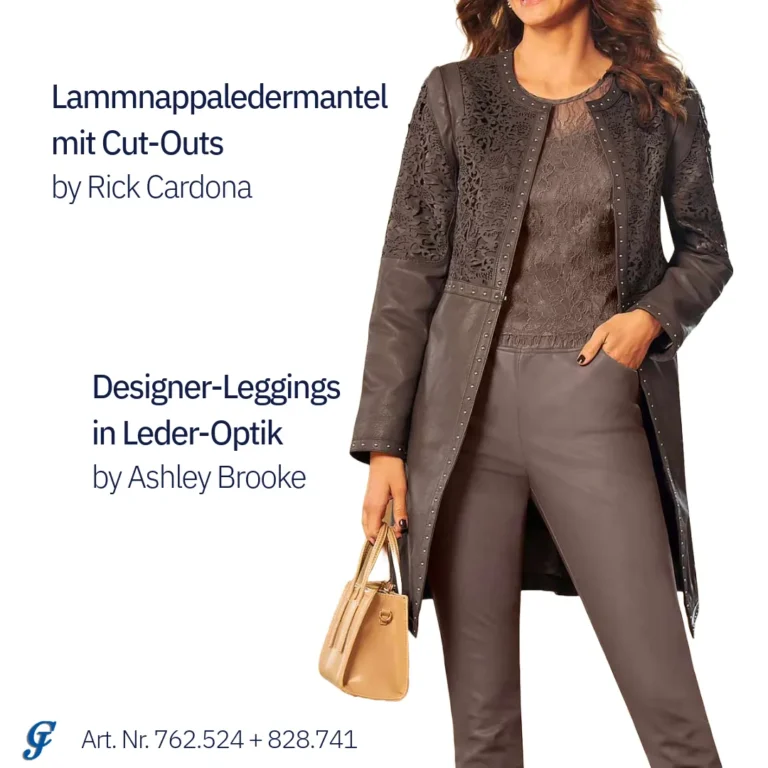 Lammnappaledermantel von Rick Cardona kombiniert mit Designer-Leggings in Leder-Optik von Ashley Brooke, trendige Outfits in der Farbe Mocha Mouse für das Jahr 2025.