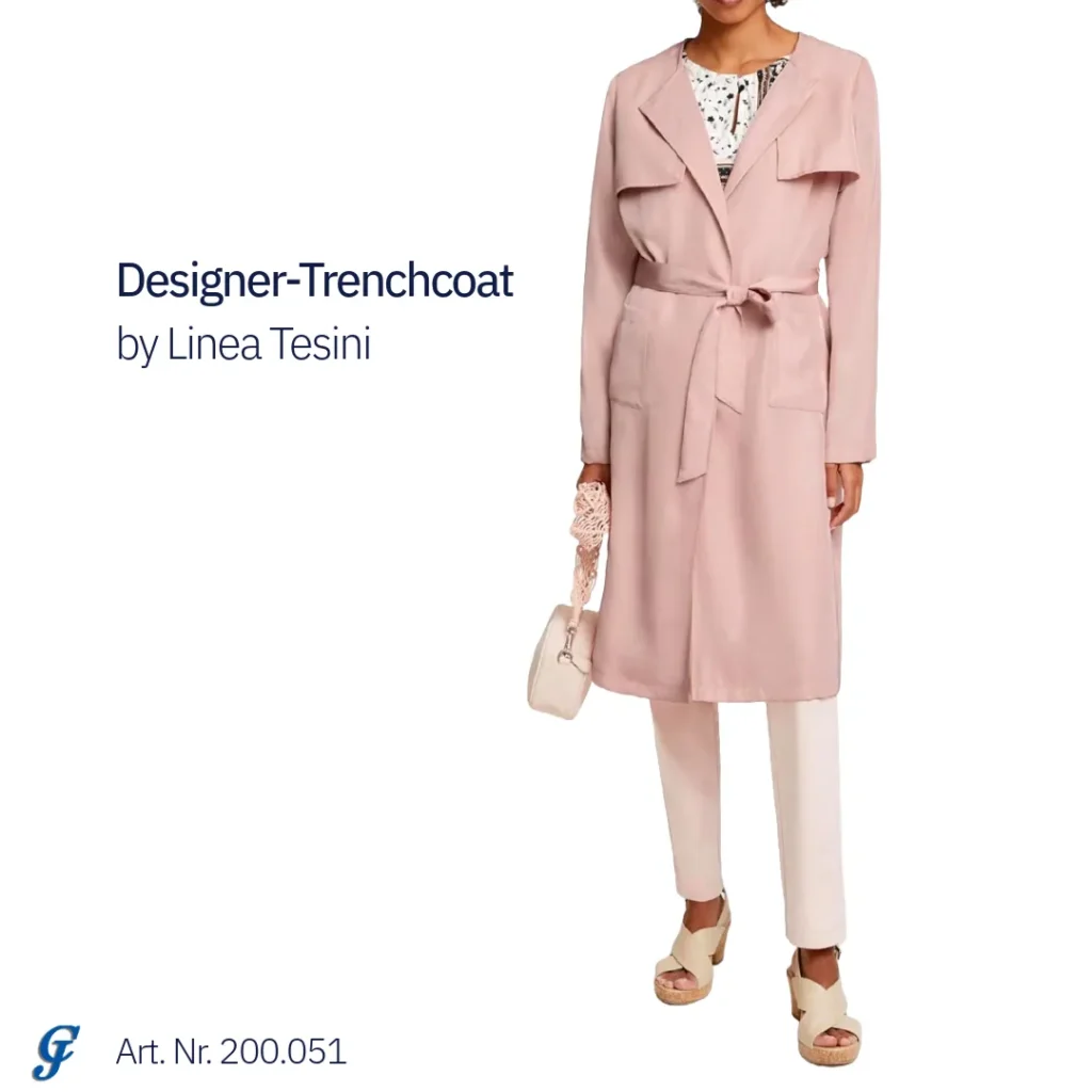 Designer-Trenchcoat von Linea Tesini in Puderrosa, zeitlose Eleganz für Damenmode 2025.