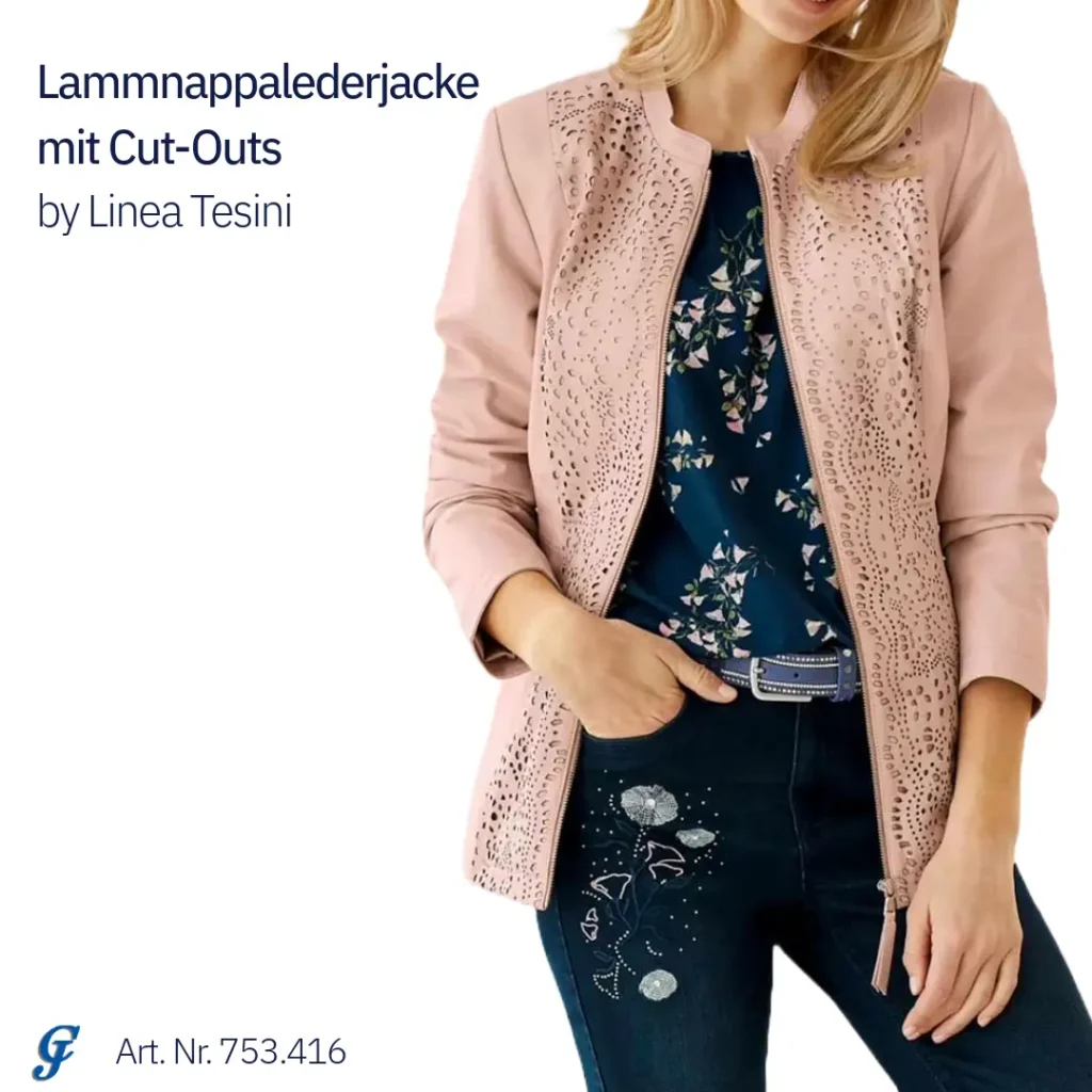 Lammnappalederjacke mit Cut-Outs von Linea Tesini in der Trendfarbe Puderrosa 2025, modische Damenjacke mit raffinierten Details