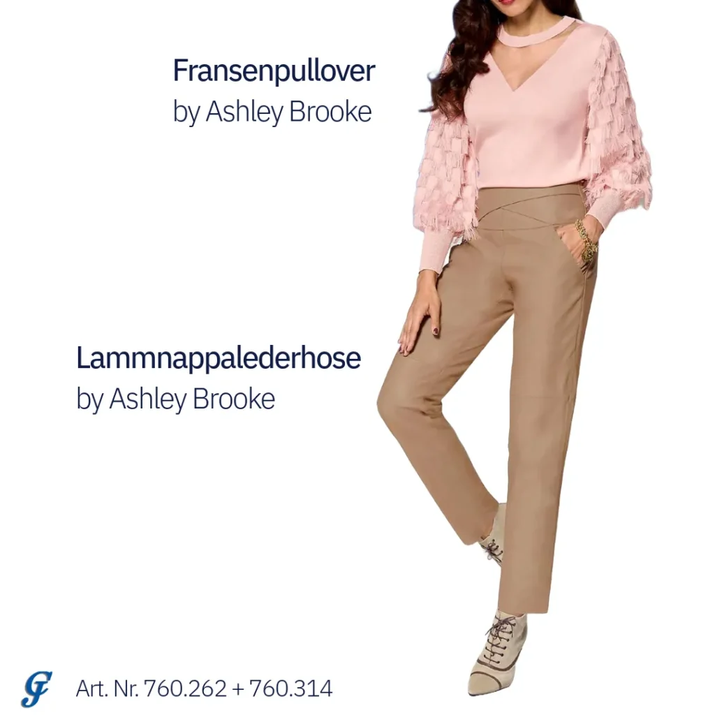 Fransenpullover in Puderrosa kombiniert mit Lammnappalederhose von Ashley Brooke, edler und trendiger Look 2025 für Damenmode.