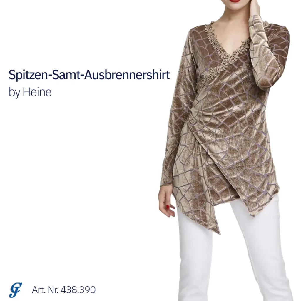 Spitzen-Samt-Ausbrennershirt von Heine in Mocha Mousse, modisches Highlight im Großhandel kaufen.