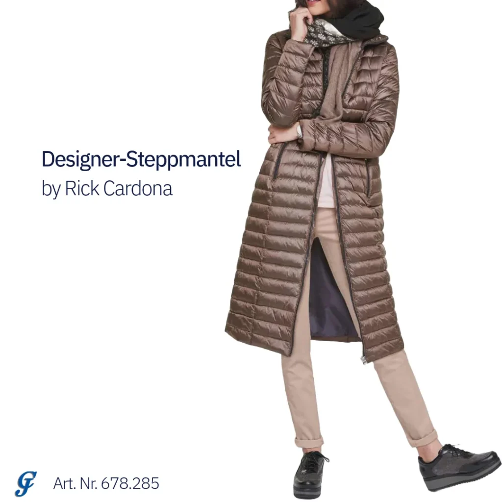 Designer-Steppmantel von Rick Cardona in Mocha Mousse, hochwertiger Wintermantel im Großhandel kaufen.