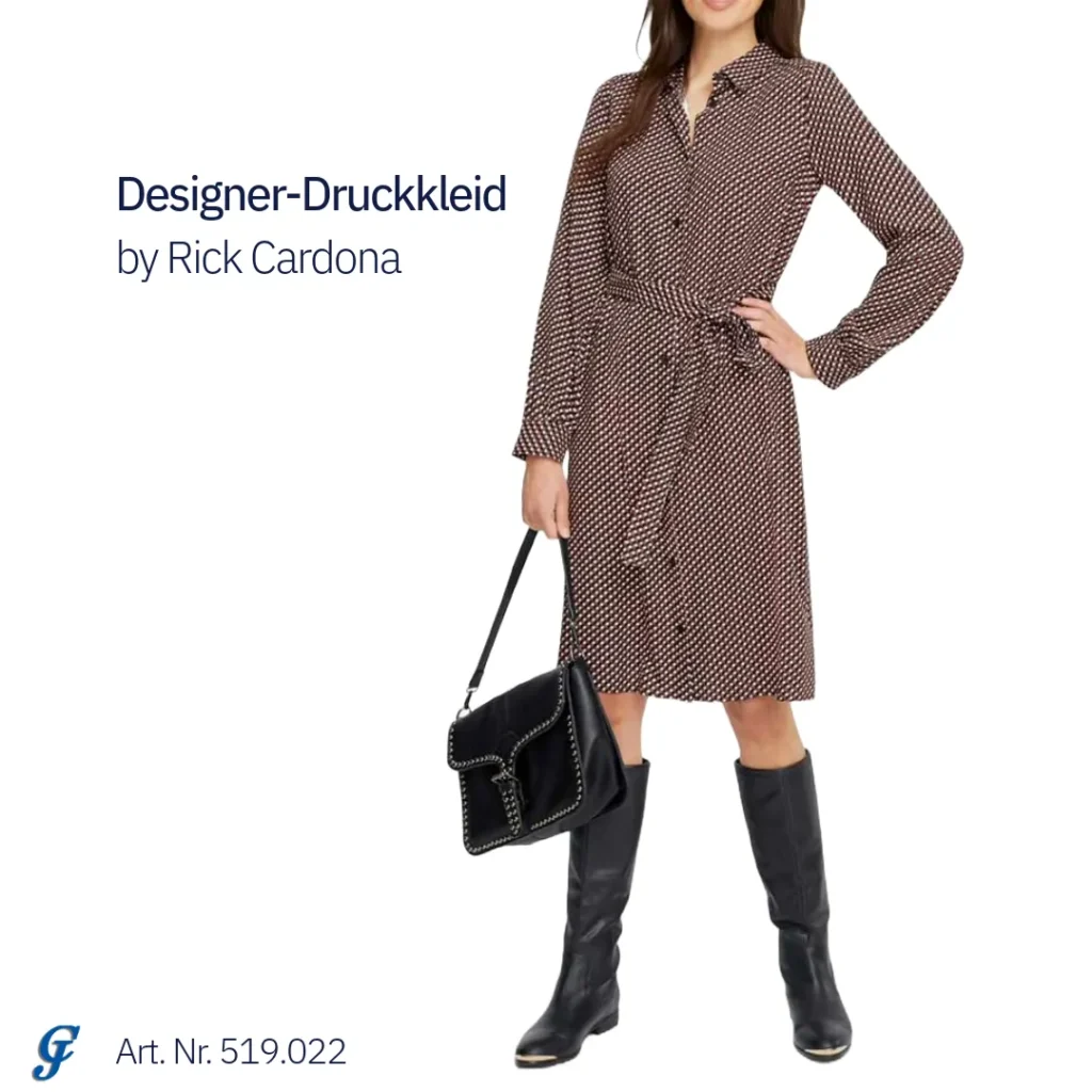 Designer-Druckkleid von Rick Cardona in Mocha Mousse, elegante Damenmode im Großhandel kaufen.